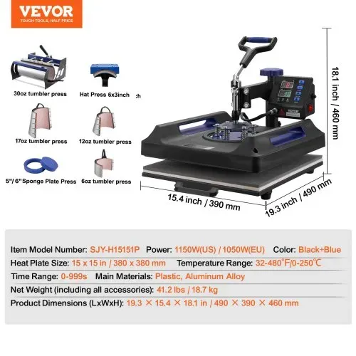 VEVOR Hitzepresse Transferpresse 38x38cm 8 in 1 Tumbler Presse T-Shirts Blau – Bild 6
