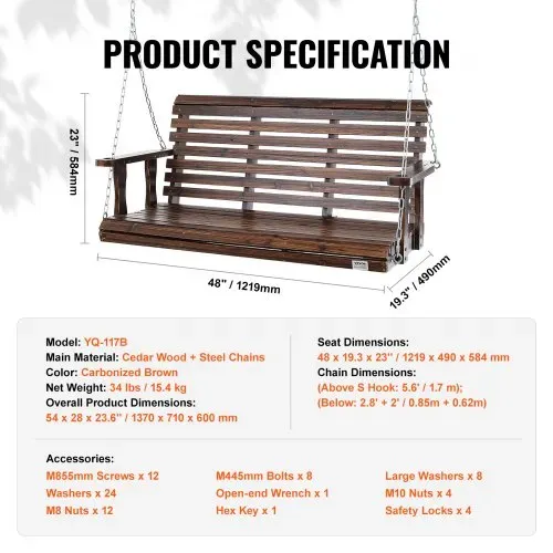 VEVOR Hollywoodschaukel Zedernholz, 1370x710x600mm, Terrassenschaukel für Hof und Garten, verbesserte Tragkraft von ca. 400 kg, robuste Schaukelstuhlbank mit Aufhängeketten für den Außenbereich, Braun – Bild 6