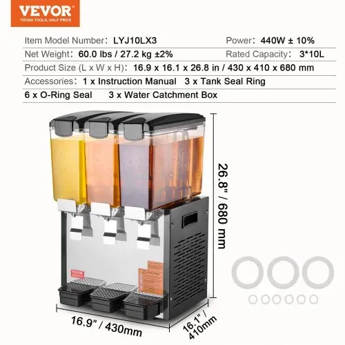 VEVOR kommerzieller Getränkespender mit 3 Tanks, Saftspender 10 L (pro Tank), 440 W Edelstahl Eistee-Getränkeautomat mit 7–12 °C Kühltemperatur, für Kaltgetränke Restaurant Bar Party Buffet Catering – Bild 6