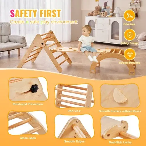 VEVOR Pikler-Dreieck-Set, 5-in-1-Kletterspielzeug für Kleinkinder, Indoor-Spielplatz, Montessori-Kletterset mit Dreieck, Rampe und Bogen, großes Klettergerüst aus Holz für Kleinkinder von 1–3 Jahren, Holzfarbe – Bild 3