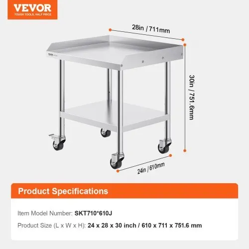 VEVOR Arbeitstisch aus Edelstahl, 610 x 711 x 762 mm Arbeitstisch zur Lebensmittelzubereitung mit 4 Rädern, Lenkrollen, 3-seitiger Spritzschutzwand, Arbeitstisch, Metall-Arbeitstisch für Restaurants – Bild 6