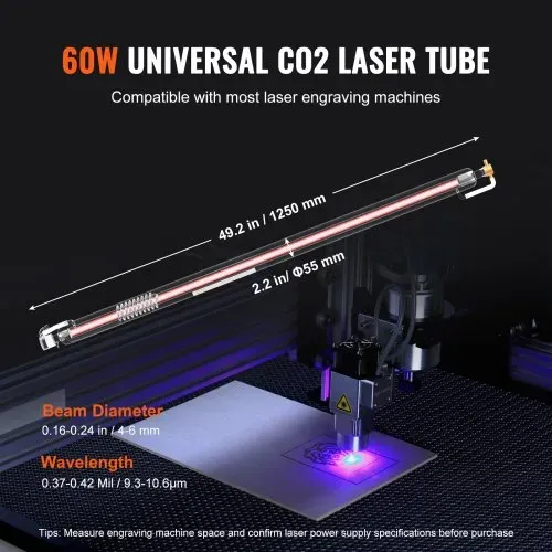 VEVOR 60 W CO2-Laserröhre, 1250 mm Länge, 55 mm Durchmesser, Borosilikatglas-Laserschneidröhre mit Metallkopf, 5000–6000 Std. Drähte vorverdrahtet für Lasergravierer, Gravur- und Schneidemaschine – Bild 2
