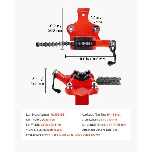 VEVOR Kettenrohrschraubstock, 6,35-152,4 mm Rohrkapazität, 710 mm robuste Kette und Gusseisenbasis, Rohrklemmung in Industriequalität für Klempnerarbeiten, Autoreparaturen, Metallverarbeitung – Bild 6
