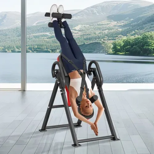 VEVOR Inversionstisch, Inversionsbank, 136 kg belastbar, Multifunktionsgerät Rückentrainer, klappbares Krafttrainingsgerät mit Kopfstütze, Knöchelverriegelung, verstellbarem Schutzgurt, Rot + Schwarz – Bild 7