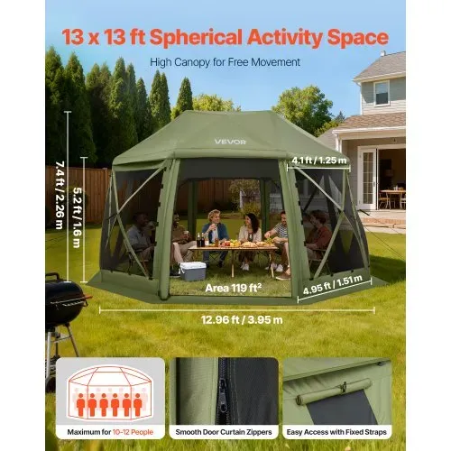 VEVOR Pop-up-Pavillon, 3,96 x 3,96 m, 13-seitiges, kugelförmiges Campingzelt mit abnehmbarem Dach & Tragetasche, 360°-Belüftung, Sonnenschutz, Partyzelt für 10–12 Personen, Grün VEVOR Pop-up-Pavillon, 3,96 x 3,96 m, 13-seitiges, kugelförmiges Campingzelt mit abnehmbarem Dach & Tragetasche, 360°-Belüftung, Sonnenschutz, Partyzelt für 10–12 Personen, Grün