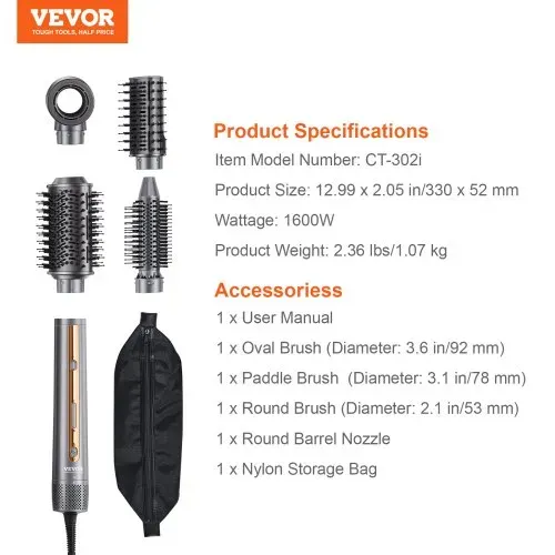 VEVOR 4-in-1-Multi-Haarstyler, 110.000 U/min Hochgeschwindigkeits-Ionen-Airstyler mit 3 Bürsten und 1 Düse, 4 Temperatur- und 3 Geschwindigkeitsstufen, Föhnbürste für Locken, Styling und Volumen – Bild 6