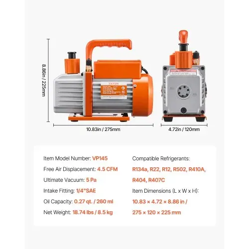 VEVOR 4,5 CFM AC-Vakuumpumpe & Manometer-Set, 1-stufige-HVAC-Luftvakuumpumpe, A/C-Kältemittelverteiler-Manometer-Kit, mit Lecksuchschläuchen, für R134a, R12, R22, R502a, R410A, R404, R407C – Bild 6