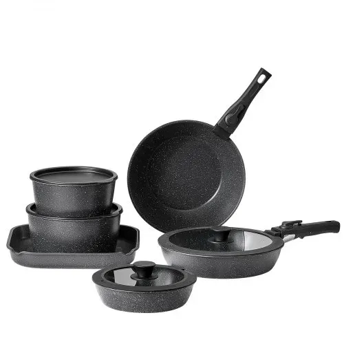 VEVOR Induktion Töpfe Pfannen Set (17-teilig) mit Glasdeckel antihaftbeschichtetes Kochgeschirr mit abnehmbarem Griff, Induktionskochtöpfe zum Braten, Würzen von Soßen und Kochen (Schwarz) – Bild 9