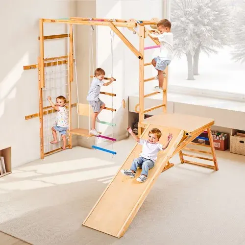 VEVOR Indoor Spielplatz Klettergerüst (8 in 1) aus Holz, 100 kg belastbares Montessori-Kletterspielzeug-Set mit Schaukeln/Klettergerüst/Rutschen/Holzleiter/Strickleiter/Kletternetz/Stange – Bild 7