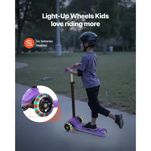 VEVOR Scooter (3 Räder) ab 3 Jahren, Cityroller Kinderroller mit leuchtenden Rädern & höhenverstellbarem Lenker & rutschfestem Deck & leichtem Aluminiumrahmen, Tretroller bis zu 75 kg, Lila – Bild 2