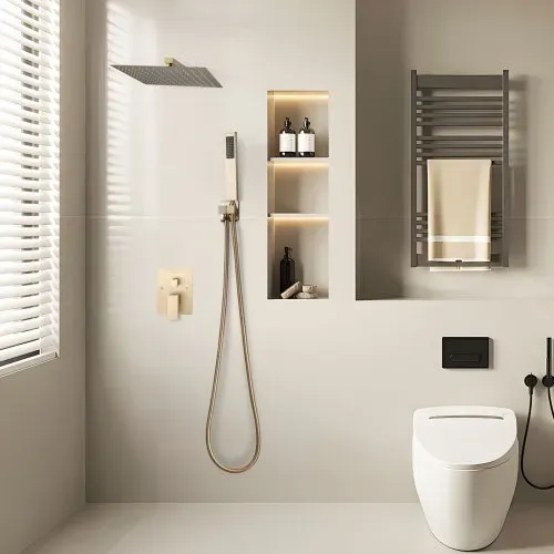 VEVOR Duscharmatur Regenduschsystem fürs Badezimmer Duschsystem mit 254 mm quadratischen Regenduschkopf & Handbrause, wandmontierte Badezimmerarmaturen mit Messingventil & Zierset, gebürstetes Gold – Bild 7