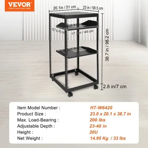 VEVOR 20U Server-Rack mit offenem Rahmen, freistehender oder wandmontierter Netzwerk-Server-Rack, 4-Pfosten-AV-Rack mit Rollen, bietet Platz für Ihre gesamte Netzwerk-IT-Ausrüstung, AV-Ausrüstung – Bild 6