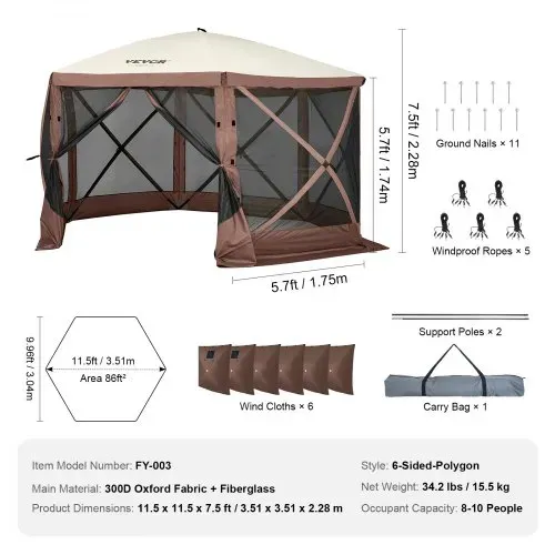 VEVOR Pop-Up-Pavillonzelt, Pop-Up-Zelt mit 6-seitigem Baldachin, Sonnenschutz mit 6 abnehmbaren Sichtschutz-Windtüchern und Netzfenstern, 3,5 x 3,5 m, Schnellaufbau-Zelt mit Moskitonetz, braun – Bild 6
