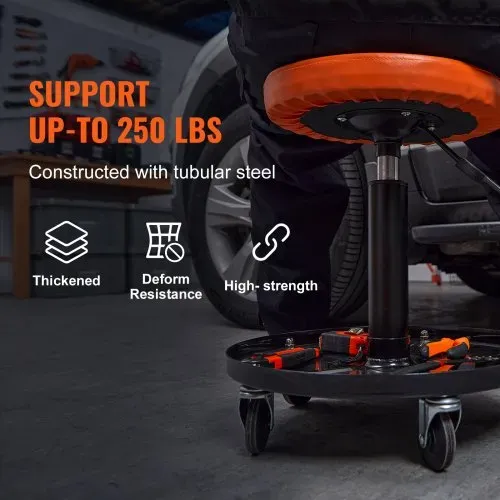 VEVOR Rollender Mechanikerhocker Werkstatthocker 113,4 kg, 406-559 mm Höhenverstellbarer Werkstattsitz, Werkstatthocker mit Werkzeugablage, für Garage, Geschäft, Autoreparatur, Schwarz + Orange – Bild 4