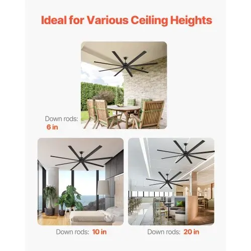 VEVOR 243 cm Deckenventilator ohne Licht, 6-Gang-Fernbedienung, 8 Flügel aus Alu, umkehrbarer Gleichstrommotor, Ventilator für Schlafzimmer, Wohnzimmer, Terrasse, Innen-/Außenbereich, schwarz – Bild 5