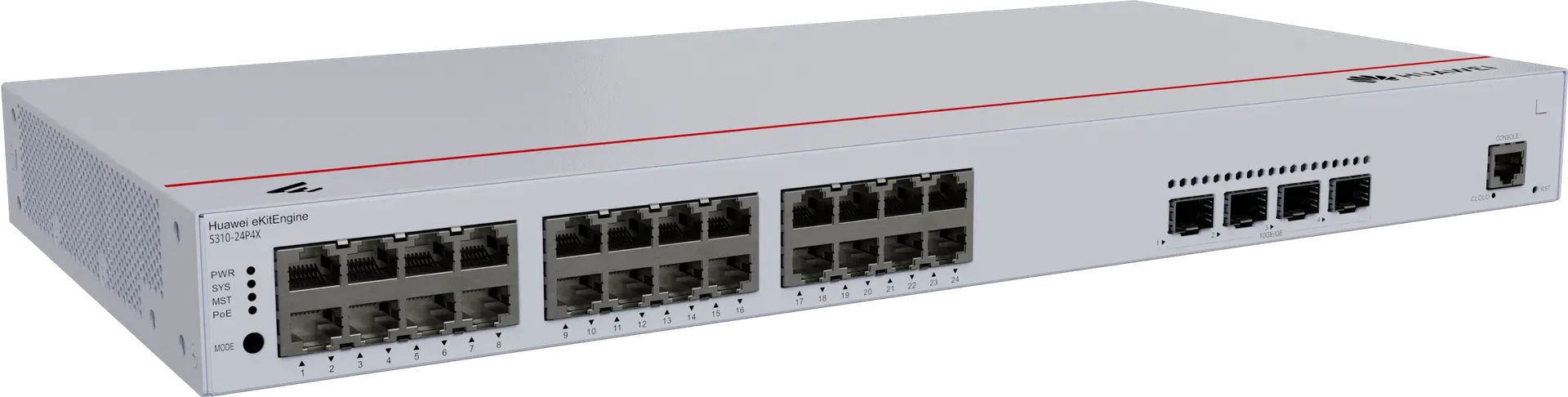Huawei Switch full managed L3 28 Port • 24x GbE • PoE Budget 400W • 24x PoE at • 4x SFP+ • 19″ • iStack • S310-24P4X • eKit Huawei Switch full managed L3 28 Port • 24x GbE • PoE Budget 400W • 24x PoE at • 4x SFP+ • 19″ • iStack • S310-24P4X • eKit