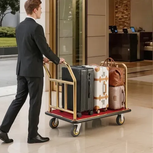 VEVOR Hotelgepäckwagen aus Edelstahl, 340,19 kg Belastbarer Kofferwagen mit 6 Zoll Gummirädern, Hotelwagen mit Rotem Teppichboden, Gewerblicher Plattformwagen für Hotels Ferienwohnungen Resorts, Gold – Bild 7