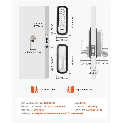 VEVOR Mechanisches Codeschloss mit Einseitigem Tastenschloss (4- bis 7-stelliger Code), Schlüsselloses Türschloss mit Schlüsseln & Knauf & Automatischer Verriegelung, für Haustüren Garagen, Silber – Bild 6