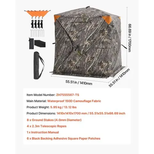 VEVOR Jagdversteck, 270° durchsichtiges Bodenversteck, 1–2 Personen Pop-Up-Hirschversteck für die Jagd mit Tragetasche, tragbares, belastbares Jagdzelt, durchsichtiges Einwegnetz für Hirschjagd – Bild 6