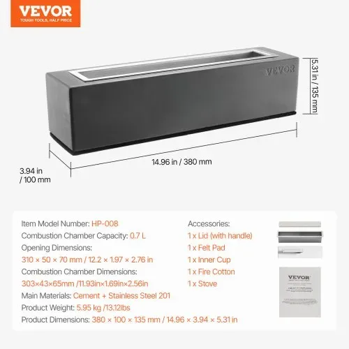 VEVOR Feuerstelle, 380 x 100 x 135 mm, Tischkamin aus Beton, Feuerkorb, Feuerschale für Reinigungsalkohol, Smores-Maker, für Terrasse & Balkon mit Feuerlöscherabdeckung, quadratisch, hellgrau – Bild 6