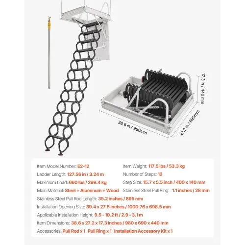VEVOR Dachbodenleiter, Tragkraft 299,4 kg, passend für Deckenhöhen von 2,9-3,1 m & Öffnungsgröße von 1000,76x698,5 mm, Scherentreppe aus legiertem Stahl mit Zugstange für Dachboden – Bild 6
