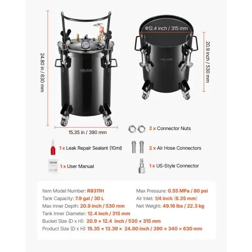 VEVOR Druckbehälter für Sprühfarbe, 30 L Drucktank aus Stahl mit 2 Anschlüssen (EU/AU) für Heimgebrauch Heimwerkerarbeiten Kunstkreationen, Farbbehälter mit großem Durchmesser & 4 Rollen – Bild 6