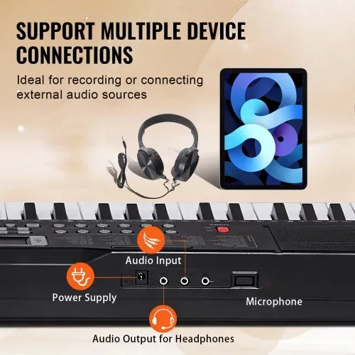 VEVOR Digitales Klavier mit 61 Tasten, 200 Töne, 200 Rhythmen, tragbares elektrisches Klavier-Keyboard-Kit mit 60 Demo-Songs, integrierten Doppellautsprechern, Kopfhörern, Mikrofon, Klavieraufklebern für Anfänger – Bild 3
