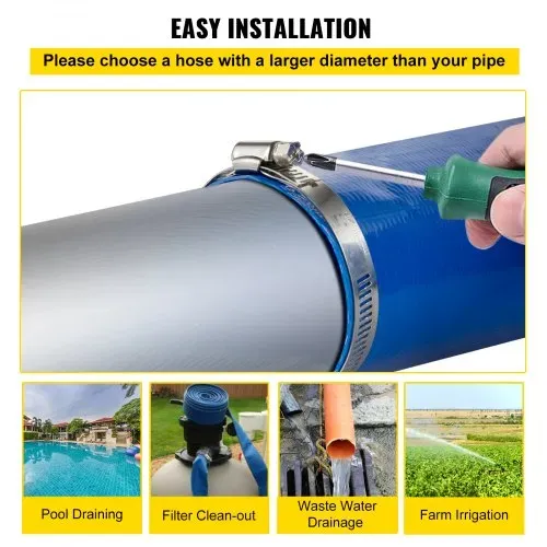 VEVOR Abflussschlauch, 38 mm x 32 m,, PVC-Gewebe-Flachschlauch, robuster Rückspül-Ablaufschlauch mit Klemmen, wetterfest und platzsicher, ideal für Schwimmbad und Wassertransfer, blau – Bild 5