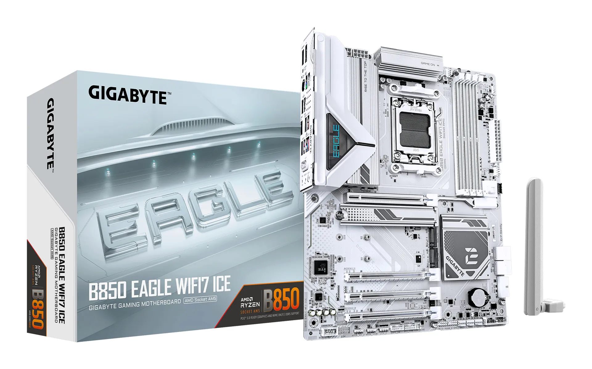 GIGABYTE B850 EAGLE WIFI7 ICE Mainboard – AMD Ryzen 9000 Serie Prozessoren, digitales 8+2+2 Phasen VRM, bis zu 8200 MHz DDR5 (O.C.), 1x PCIe 5.0 + 2x PCIe 4.0 M.2, Wi-Fi 7, 2.5 GbE LAN, USB 3.2 Gen 2 GIGABYTE B850 EAGLE WIFI7 ICE Mainboard – AMD Ryzen 9000 Serie Prozessoren, digitales 8+2+2 Phasen VRM, bis zu 8200 MHz DDR5 (O.C.), 1x PCIe 5.0 + 2x PCIe 4.0 M.2, Wi-Fi 7, 2.5 GbE LAN, USB 3.2 Gen 2
