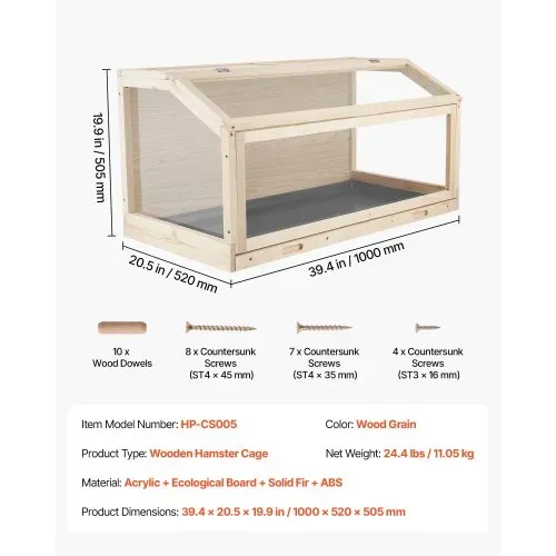 VEVOR Hamsterkäfig Nagerkäfig Nagarium Hamstergehege Holz 1000x520x505 mm, 270°-Sichtfenster Nagersicherer mit Deckel Belüftung für Goldhamster Zwerghamster Meerschweinchen Rennmäuse – Bild 6