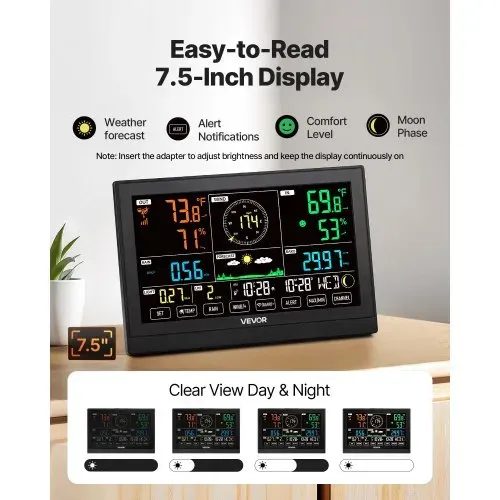 VEVOR 7-in-1-Wetterstation Funk, 7,5-Zoll-Display, solarbetriebener Außensensor, Regenmesser, für Wettervorhersage, Temperatur, Luftfeuchtigkeitsmesser, Windgeschwindigkeit & -richtung (kein WLAN) – Bild 3