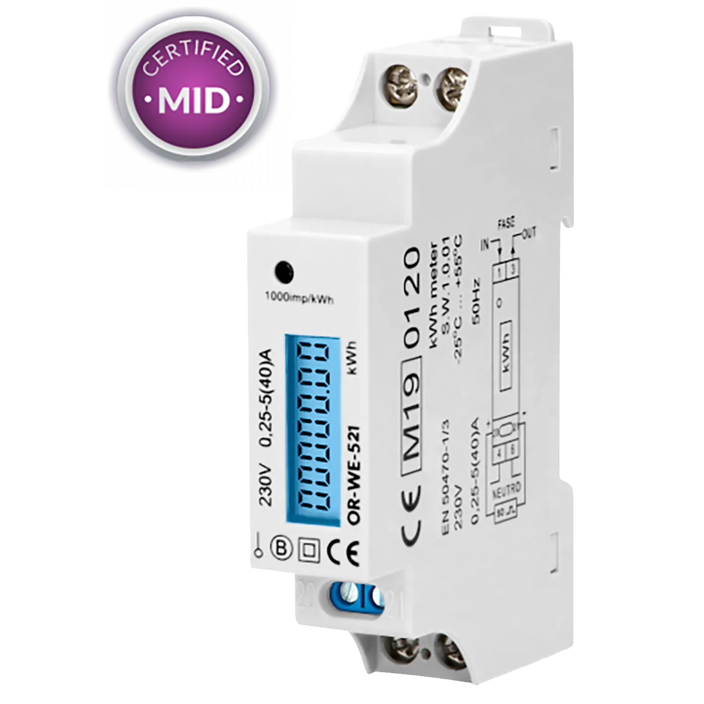 1-phasiger Stromzähler, 40A, MID, Impulsausgang, 1 Modul, DIN TH-35mm 1-phasiger Stromzähler, 40A, MID, Impulsausgang, 1 Modul, DIN TH-35mm