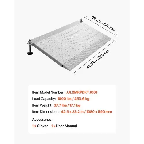 VEVOR Schwellenrampe 980x600mm, 453,6kg Belastbare Rollstuhlrampe mit Verstellbarer Höhe, Rutschfeste Metall-Auffahrschiene, Stabile Auffahrrampe für Rollstuhl Scooter Türschwelle Bordsteine Treppen – Bild 6