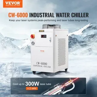 VEVOR Industrieller Wasserkühler, CW6000, 1500 W Wasserkühler-Kühlsystem mit Kompressor, 15 L Wassertankkapazität, 65 L/min max. Durchflussrate, für Kühlmaschine für CO2-Lasergravurmaschinen VEVOR Industrieller Wasserkühler, CW6000, 1500 W Wasserkühler-Kühlsystem mit Kompressor, 15 L Wassertankkapazität, 65 L/min max. Durchflussrate, für Kühlmaschine für CO2-Lasergravurmaschinen