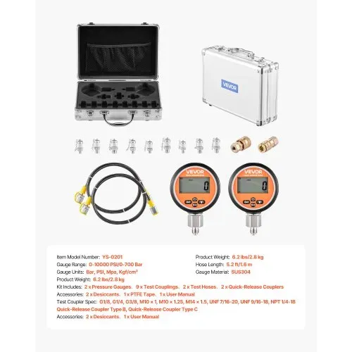 VEVOR digitales Hydraulikdruck Testkupplungsset, 10000 PSI Druckmessgerät Manometer Tester mit 2 Messgeräten & 9 Testkupplungen & 2 Schnellkupplungen & 2 Schläuchen für Bagger Baumaschinen – Bild 6