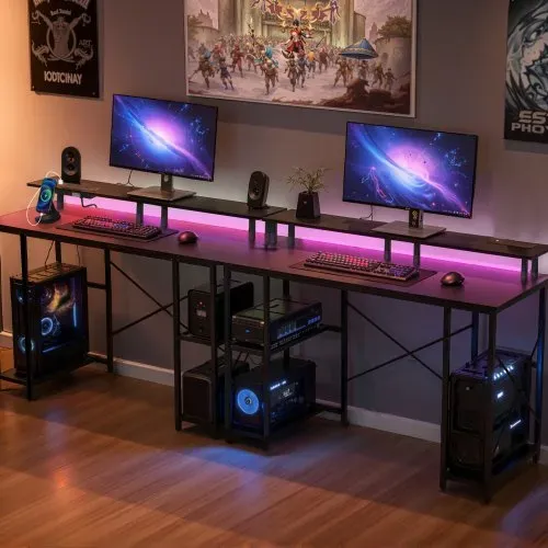 VEVOR Computertisch Bürotisch Schreibtisch mit intelligenten LED-Leuchten & Steckdosen, Arbeitstisch mit Monitorständer & 2-stufigen Lagerregalen, Arbeitszimmer Wohnzimmer Homeoffice Schwarz – Bild 7