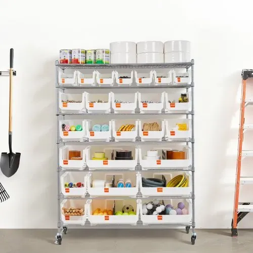 VEVOR Standregal, Lagerregal mit 7 Ebenen & 26 Stapelboxen, Bücherregal, Küchenregal mit Rollen, Fahrregal für Garage, Lager, Büro, Restaurant, Klassenzimmer, Küche, 355x1110x1480 mm – Bild 7