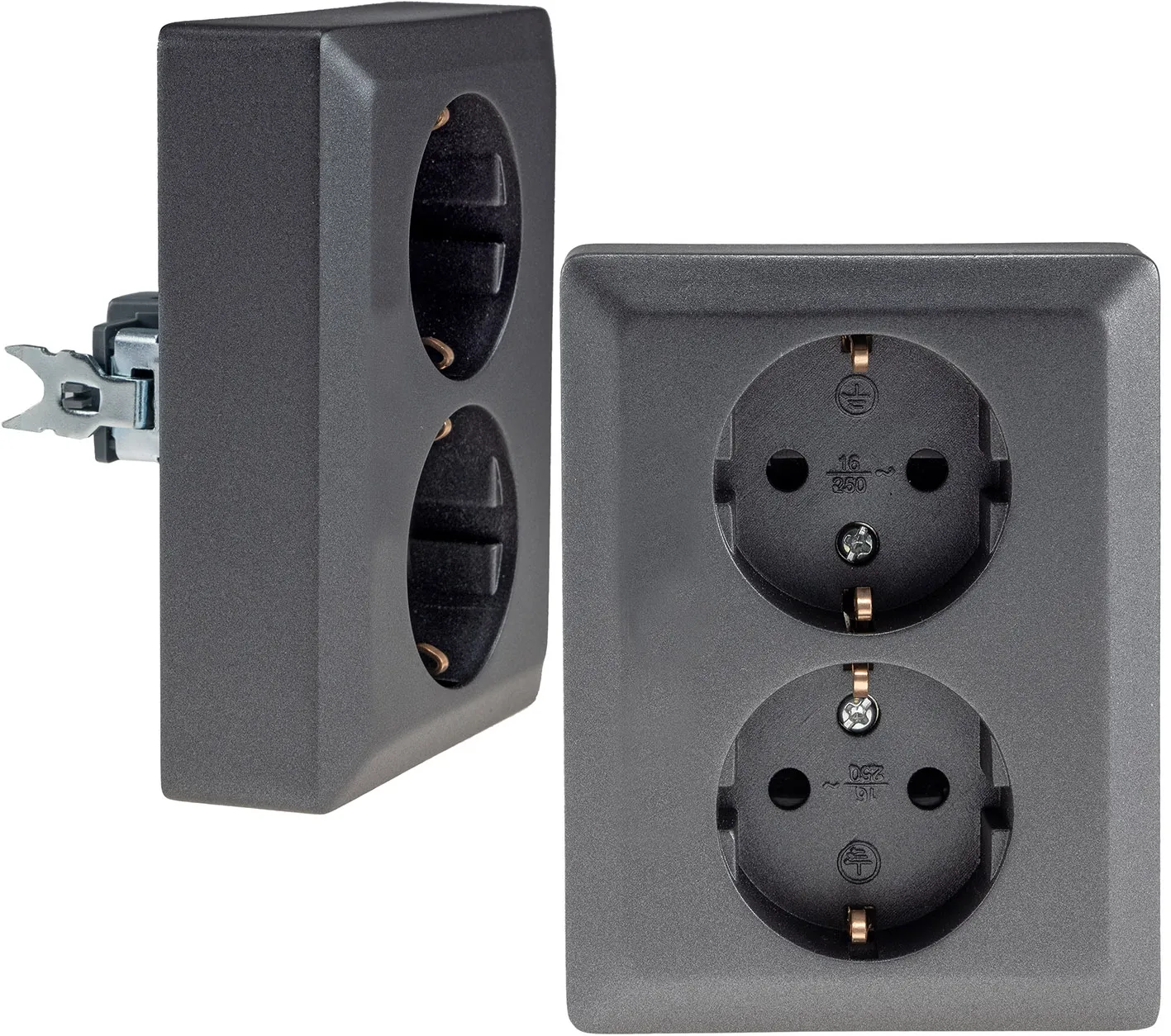 MILOS Schutzkontakt-Steckdose 2-fach 250V~/ 16A, 1x UP, anthrazit MILOS Schutzkontakt-Steckdose 2-fach 250V~/ 16A, 1x UP, anthrazit
