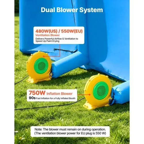 VEVOR Aufblasbare Lackierkabine 7x4x2,75m Spritzkabine Autolackierzelt Blau, mit 550-W-& 750-W-Gebläsen Aktivkohlefiltration Transparentem PVC-Fenster für Mittelgroße Pick-ups Große Möbel Tragbar – Bild 4