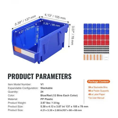 VEVOR Kunststoff-Aufbewahrungsbehälter (12,7 x 10,2 x 7,6 cm), hängender, stapelbarer Aufbewahrungsbehälter, blau/rot, 24er-Pack, robuste Stapelbehälter für die Organisation von Schränken, Küchen, Büros oder Vorratskammern – Bild 10