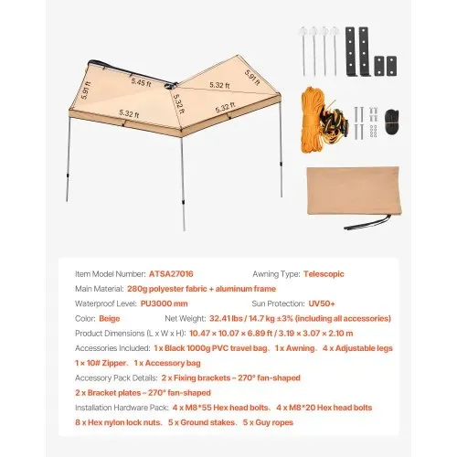VEVOR Markise Auto, 270°-Markise, 3,19x3,07x2,10 m, Sonnensegel, wasserdicht (UV50+), inklusive Tragetasche, freistehendes Offroad-Vordach, Sonnenunterkunft für SUV, Van, LKW & Camping – Bild 6