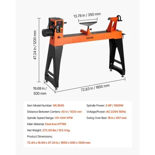 VEVOR Drechselbank, 2 PS, Drechselmaschine mit variabler Drehzahl von 0 bis 3200 U/min, Drehtischmaschine 457x1020 mm Werkbank, Drehbank, für mittlere bis große Holzbearbeitungsprojekte – Bild 6