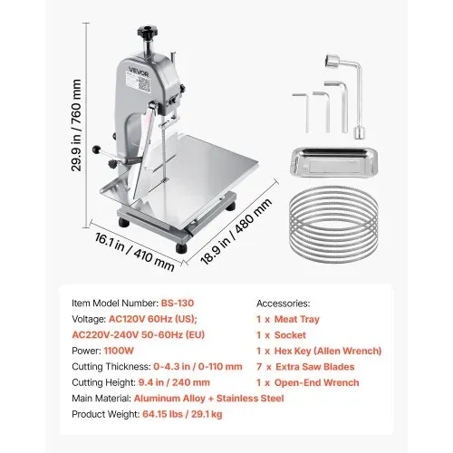 VEVOR Elektrische Fleischbandsäge 1100 W, Knochenschneidemaschine mit Arbeitsfläche (315 x 460 mm), Schnittstärke (0-110 mm) und 7 zusätzliche Ersatzklingen, für Gefrorenem Fleisch, Schweinefleisch – Bild 6