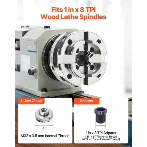 VEVOR 4 Zoll Drechselfutter 4 Backen Zentrierfutter mit 1 Zoll x 8 TPI Gewinde & Adapter, Vernickelte Oberfläche Spannbacken Hochfester Stahl, Spreizen und Klemmen für die Holzbearbeitung – Bild 5