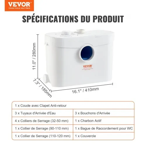 VEVOR Hebeanlage, 700 W, 9600 l/h Durchfluss, 10 m Förderhöhe, Zerkleinerer-Abwasserpumpe mit 3 Wassereinlässen für Toilette, Keller, Küche, Waschbecken, Badewanne, Abwasserentsorgung, Aufspülmaschine – Bild 6
