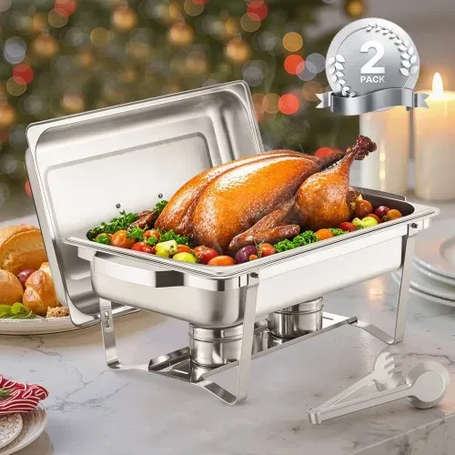 VEVOR Chafing Dish Buffet Speisenwärmer (7,5 L), 2 Stk. mit 2 Pfannen in voller Größe, rechteckiger Catering-Wärmespender mit Deckel & Brennstoffhalter, für Hochzeiten Partys Bankette Silber – Bild 7