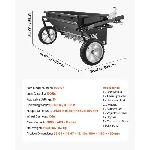 VEVOR Anhänger Rasenlüfter 81 cm Streubreite, Streuwagen mit Universalkupplung, Gartensämaschine & Bodenbelüfter mit 45 kg Kapazität & 10 Zoll Rädern, Vertikutierer für ATVs & UTVs – Bild 6