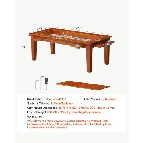 VEVOR Brettspieltisch 120x60x45cm 2-in-1 Spiel- & Esstisch 136kg Belastbar, Geräumig für 4 Spieler, Massivholz, mit Abnehmbaren Tischplatten Getränkehaltern Leder-Spielmatte & Ausziehbaren Tabletts – Bild 6