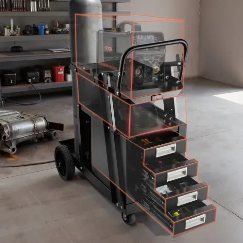 VEVOR Schweißwagen 2 Ablageflächen mit 4 Schubladen Schweißmobil Max. 100-120kg Wagen für Schweßgeräte mit 2 Gasflaschenhalterung Ideal für Handschweißen Schutzgasschweißen Argon-Lichtbogenschweißen – Bild 7