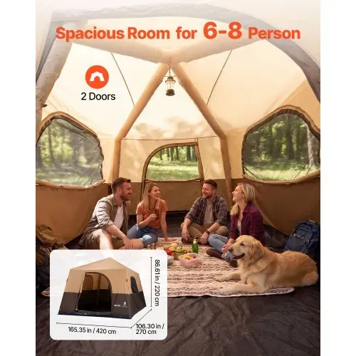 VEVOR Campingzelt 8 Personen, Aufblasbares Familienzelt mit Wiederaufladbarer Pumpe, TPU-Luftschlauch & 4 Netzfenstern, Kabinenzelt mit Tragetasche für Familien-Camping & Wandern, Beige – Bild 3